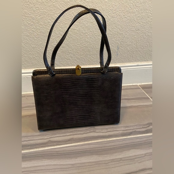 Gray Vintage Animal/ Snake Embossed Tote Purse Gold Hardware Double tote handle - Picture 3 of 10